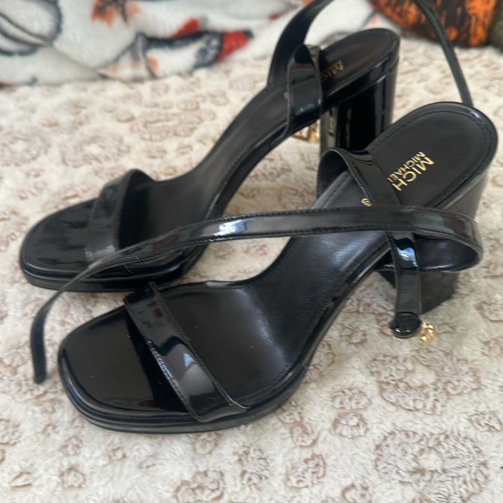 Michael Kors Black Patent Leather Heels with Gold Accent
